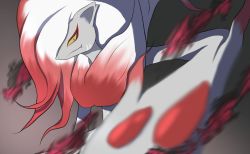 Rule 34 | bad id, bad pixiv id, blurry, brown background, claws, closed mouth, colored sclera, commentary request, creatures (company), fang, fang out, from side, game freak, highres, hisuian zoroark, looking at viewer, matsuzaki yuu, nintendo, orange eyes, pokemon, pokemon (creature), red fur, smile, solo, white fur, yellow sclera