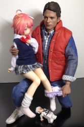 Rule 34 | 10s, 1girl, 2boys, age difference, ahoge, back to the future, blue eyes, brown hair, checkered clothes, checkered skirt, crossover, denim, emmett brown, figure, hair ornament, i-58 (kancolle), jeans, kantai collection, lego, loose socks, marty mcfly, miniskirt, multiple boys, panties, panties around leg, pants, panty pull, photo (medium), pink hair, plaid, plaid skirt, red eyes, school uniform, short hair, sitting, sitting on lap, sitting on person, skirt, sleeves past wrists, sleeves rolled up, socks, sweater vest, underwear, vest, white hair