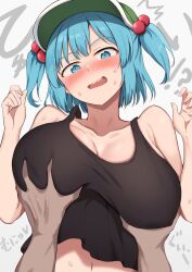 Rule 34 | !?, 1boy, 1girl, absurdres, black tank top, blue eyes, blue hair, blush, breasts, cleavage, commentary request, flat cap, green headwear, groping, hair bobbles, hair ornament, hat, highres, kawashiro nitori, large breasts, looking at viewer, nagomian, navel, open mouth, pov, pov hands, short hair, solo focus, sweat, tank top, teeth, touhou, translation request, two side up, upper body, upper teeth only, variant set, white background