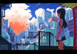 Rule 34 | 1girl, bare shoulders, black hair, blue sky, bottle, city, cloud, commentary request, highres, kaneni, letterboxed, long hair, original, sky, solo, tank top