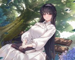 Rule 34 | 1girl, bench, black hair, book, breasts, brooch, brown eyes, closed mouth, dress, hair ornament, hairband, highres, jewelry, large breasts, long hair, long sleeves, looking at viewer, mendou kusai, original, outdoors, sitting, smile, tree, white dress, white hairband