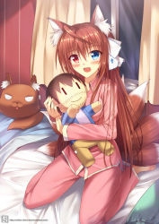 Rule 34 | 1girl, :d, ahoge, animal ears, bed, blue eyes, blush, borrowed character, brown hair, commission, hugging doll, fox ears, fox tail, hair ribbon, heterochromia, long hair, looking at viewer, luzi, multiple tails, hugging object, open mouth, original, pajamas, red eyes, ribbon, sitting, smile, solo, tail, wariza