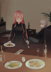 Rule 34 | 2girls, ashtray, black dress, black shirt, blue pants, blush, bottle, breasts, brown eyes, chihuri, closed eyes, closed mouth, collared dress, couch, cup, dress, drinking glass, fingernails, food, fork, hair between eyes, highres, holding, holding plate, holding spoon, indoors, knife, light brown hair, long hair, long sleeves, medium breasts, multiple girls, on couch, original, pants, pink hair, plant, plate, potted plant, shirt, sitting, smile, spoon, table, transparent, very long hair, wine glass, yana (chihuri), zoya petrovna vecheslova