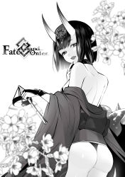 Rule 34 | 1girl, absurdres, ass, back, bare shoulders, bob cut, breasts, eyeliner, fate/grand order, fate (series), headpiece, highres, horns, japanese clothes, kimono, long sleeves, looking at viewer, looking back, makeup, monochrome, off shoulder, oni, open mouth, revealing clothes, short hair, shuten douji (fate), skin-covered horns, small breasts, smile, tate (donnguriumai), wide sleeves