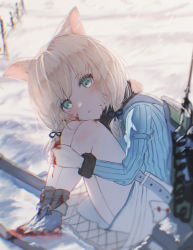 Rule 34 | 1girl, animal ears, ankodesoy, ash arms, b-4 (ash arms), bad anatomy, bad proportions, blood, blood on face, blurry, blurry background, blurry foreground, blush, boots, cat ears, green eyes, looking at viewer, medium hair, platinum blonde hair, sitting, snow, snowing, solo