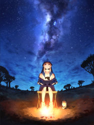 Rule 34 | 1girl, antenna hair, azur lane, baobab, black gloves, blonde hair, blue jacket, boots, campfire, camping, camping chair, chair, cloud, columbia (across the vast prairies) (azur lane), columbia (azur lane), eyewear on head, gloves, grass, hands on own thighs, highres, jacket, lantern, long hair, looking up, milky way, night, night sky, official alternate costume, outdoors, red eyes, savannah, shirt, sitting, sky, smile, solo, star (sky), starry sky, sunglasses, white footwear, white shirt, yohia