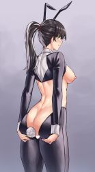 1girl anal_tail animal_ears ass bad_id bad_pixiv_id black_hair black_hairband black_legwear blush breasts butt_plug censored fake_tail from_behind green_eyes hairband heart heart_censor large_breasts long_hair long_sleeves looking_at_viewer looking_back meme_attire nipples original parted_lips ponytail purple_background rabbit_ears rabbit_tail reverse_bunnysuit reverse_outfit sarhce simple_background solo tail