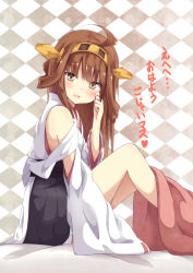 Rule 34 | 10s, 1girl, ahoge, bare shoulders, brown hair, detached sleeves, double bun, hairband, highres, japanese clothes, kantai collection, kongou (kancolle), long hair, nontraditional miko, open mouth, personification, ribbon-trimmed sleeves, ribbon trim, skirt, solo, translated, ukami