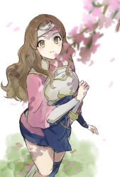 Rule 34 | 1girl, armor, brown eyes, brown hair, cherry blossoms, fire emblem, fire emblem fates, hana (fire emblem), headband, highres, japanese armor, japanese clothes, katana, long hair, looking at object, nintendo, o gusi, sidelocks, smile, solo, swept bangs, sword, thighs, tree, weapon