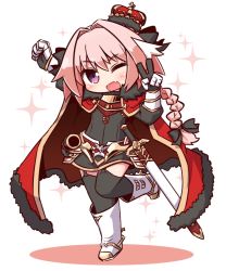 Rule 34 | 1boy, ;d, arm up, armor, astolfo (fate), black bow, black ribbon, black skirt, black thighhighs, blush, boots, bow, braid, cape, clenched hand, cross, crossdressing, crown, eyebrows, fang, fate/apocrypha, fate (series), full body, fur collar, fur trim, hair between eyes, hair bow, hair intakes, head tilt, highres, leg up, long hair, long sleeves, male focus, mini crown, miniskirt, multicolored hair, naga u, no nose, one eye closed, open mouth, pink hair, purple eyes, red cape, ribbon, sheath, sheathed, simple background, single braid, skirt, smile, solo, sparkle, streaked hair, sword, thighhighs, trap, two-tone hair, v, weapon, white background, white footwear, white hair, zettai ryouiki