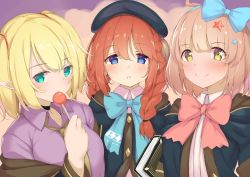 Rule 34 | 3girls, :q, ahoge, bad id, bad pixiv id, beret, black headwear, blonde hair, blue bow, blue eyes, blush, bow, bowtie, braid, brown hair, brown jacket, brown neckwear, candy, chieru (princess connect!), chloe (princess connect!), closed mouth, collared shirt, commentary request, food, green eyes, hair between eyes, hair bow, hair ornament, hairband, hat, hood, hooded coat, jacket, lollipop, long hair, long sleeves, looking at viewer, multiple girls, necktie, open mouth, pink bow, pink neckwear, piyodesu, pointy ears, princess connect!, purple shirt, red hair, shirt, short hair, smile, star (symbol), star hair ornament, tongue, tongue out, twin braids, twintails, upper body, yellow eyes, yuni (princess connect!)