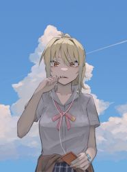 Rule 34 | 1girl, bad id, bad pixiv id, blonde hair, blue sky, candy, cellphone, clothes around waist, cloud, collarbone, collared shirt, contrail, earbuds, earphones, food, food in mouth, hair between eyes, hand up, highres, holding, holding phone, irenji, jacket, jacket around waist, lollipop, long hair, looking at viewer, love live!, love live! nijigasaki high school idol club, miyashita ai, neck ribbon, orange eyes, parted lips, phone, pink ribbon, plaid, plaid skirt, ponytail, ribbon, school uniform, scrunchie, shirt, shirt tucked in, short sleeves, skirt, sky, smartphone, solo, teeth, upper body, white shirt, wrist scrunchie