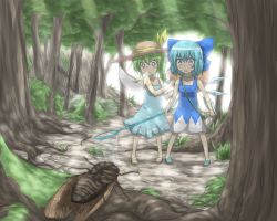 Rule 34 | 2girls, :&lt;, blue dress, blue eyes, blue hair, blush, bow, butterfly net, cicada, cirno, container, daiyousei, death, dress, fairy wings, forest, green hair, grey eyes, hair bobbles, hair bow, hair ornament, hand net, hat, hat bow, ice, ice wings, lying, multiple girls, nature, nobamo pieruda, o o, on back, sandals, short hair, side ponytail, straw hat, sweat, tears, touhou, tree, triangle mouth, wide-eyed, wings