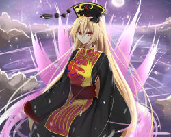 Rule 34 | 1girl, abstract background, arm up, bad id, bad pixiv id, black dress, blonde hair, cloud, commentary request, cowboy shot, dress, frown, full moon, hair between eyes, hat, head tilt, highres, junko (touhou), long hair, long sleeves, looking at viewer, moon, musteflott419, night, night sky, outdoors, red eyes, sky, solo, tabard, touhou, tsurime, very long hair, water, wind