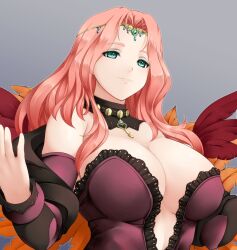 Rule 34 | 1girl, ashita yaru, breasts, circlet, cleavage, cornelia arnim, dress, feather trim, feathers, fire emblem, fire emblem: three houses, gorget, green eyes, grey background, huge breasts, jewelry, key, key necklace, long hair, long sleeves, low neckline, mature female, necklace, nintendo, pink hair, plunging neckline, red dress, simple background, smile, solo, upper body