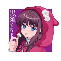 Rule 34 | 1girl, :d, blue eyes, blush, braid, brown hair, character name, commentary request, flower, hand up, highres, holding, holding flower, hood, hood up, hourai ninjin, kurosu aroma, long hair, looking at viewer, open mouth, pretty series, pripara, smile, solo, translation request, twin braids, upper body, white flower