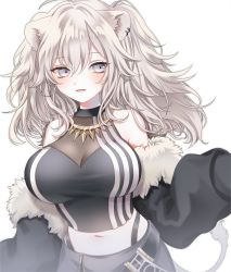 Rule 34 | 1girl, absurdres, ahoge, animal ears, bare shoulders, belt, blush, breasts, cleavage, earrings, fur-trimmed jacket, fur trim, grey eyes, grey hair, hair between eyes, hand up, highres, hololive, jacket, jewelry, large breasts, lion ears, lion girl, long hair, looking at viewer, midriff, myumyutain, navel, necklace, open mouth, see-through, see-through cleavage, shirt, shishiro botan, shishiro botan (1st costume), skirt, sleeveless, sleeveless shirt, solo, virtual youtuber
