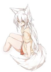Rule 34 | 1girl, animal ear fluff, animal ears, commentary request, expressionless, extra ears, fox ears, fox tail, frilled skirt, frills, highres, long hair, looking at viewer, original, red skirt, shirt, short sleeves, sitting, skirt, tail, waichi, white hair, yellow eyes