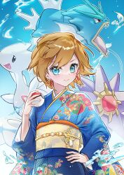 1girl adapted_costume blue_eyes blue_kimono blush brown_hair chin_yu_khn closed_mouth creatures_(company) earrings eyelashes floral_print game_freak gen_1_pokemon gen_2_pokemon gyarados hand_on_own_hip hand_up highres holding holding_poke_ball japanese_clothes jewelry kimono long_sleeves looking_at_viewer magikarp misty_(pokemon) misty_(sygna_suit)_(pokemon) nintendo obi open_mouth poke_ball poke_ball_(basic) pokemon pokemon_masters_ex red_eyes robe sash short_hair smile solo starmie togetic water wide_sleeves