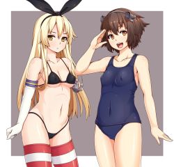 Rule 34 | 10s, 2girls, :d, anchor, anchor hair ornament, ao banana, bikini, blonde hair, breasts, brown eyes, brown hair, covered erect nipples, covered navel, elbow gloves, gloves, hair ornament, hairband, highleg, highleg bikini, highleg swimsuit, highres, kantai collection, long hair, medium breasts, multiple girls, navel, one-piece swimsuit, open mouth, personification, salute, school swimsuit, shimakaze (kancolle), short hair, smile, striped clothes, striped legwear, striped thighhighs, swimsuit, thighhighs, white gloves, yellow eyes, yukikaze (kancolle)