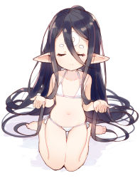 Rule 34 | 1girl, bare arms, bare legs, bare shoulders, barefoot, bikini, black hair, closed eyes, closed mouth, collarbone, commentary request, facial mark, facing viewer, flat chest, forehead mark, full body, granblue fantasy, hair between eyes, hands up, harvin, long hair, meito (maze), micro bikini, midget, navel, parted bangs, pointy ears, ponytail, rei (granblue fantasy), side-tie bikini bottom, sitting, smile, solo, swimsuit, very long hair, wariza, white background, white bikini