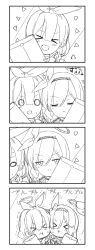Rule 34 | &gt; &lt;, 2girls, 4koma, plana (blue archive), arona (blue archive), blue archive, bow, closed mouth, comic, commentary request, engiyoshi, hair over one eye, hairband, halo, highres, long hair, monochrome, multiple girls, o o, open mouth, school uniform, serafuku, smile, translation request, white bow