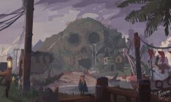 Rule 34 | 1girl, blue headband, boat, building, commentary, english commentary, from behind, geminitay, grass, headband, hermitcraft, highres, in-universe location, long hair, minecraft youtube, orange hair, outdoors, painterly, scenery, signature, skull, solo, tateart, water, watercraft