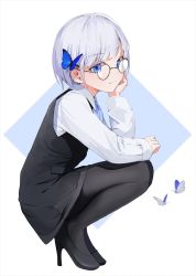 Rule 34 | 1girl, artist request, blue eyes, bug, butterfly, character request, copyright request, glasses, hair ornament, hairclip, high heels, insect, legs, office lady, pantyhose, short hair, silver hair, simple background, smile, solo, source request