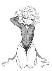 Rule 34 | 1girl, breasts, dress, groin, hand in own hair, long sleeves, looking at viewer, lw goombang, medium hair, one-punch man, seiza, simple background, sitting, small breasts, solo, tatsumaki, white background