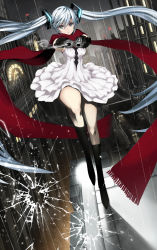 Rule 34 | 1girl, aiming, aiming at viewer, alternate costume, black gloves, black legwear, blue hair, broken glass, building, car, catbell, city, dress, dual wielding, dutch angle, finger on trigger, floating hair, fringe trim, full body, glass, gloves, grey eyes, hair between eyes, hatsune miku, highres, holding, lamp, lamppost, light, long hair, looking at viewer, md5 mismatch, motor vehicle, night, night sky, outdoors, rain, red scarf, resolution mismatch, road, scarf, sky, sleeveless, sleeveless dress, smoke, solo, source smaller, street, twintails, vehicle, very long hair, vocaloid, white dress, window
