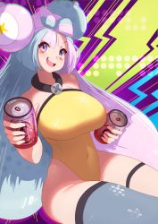 Rule 34 | 1girl, alternate breast size, breasts, can, character hair ornament, creatures (company), curvy, drink can, foreshortening, game freak, gym leader, hair ornament, highres, iono (pokemon), large breasts, leotard, long hair, low-tied long hair, nintendo, pokemon, pokemon sv, single leg pantyhose, soda can, solo, swimsuit, teeth, thigh strap, thighs, tiger1001, x