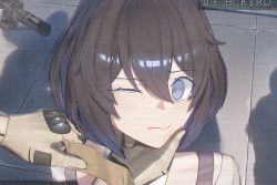 Rule 34 | 1girl, 1other, assault rifle, blue hair, brown gloves, close-up, crying, crying with eyes open, gloves, gun, highres, honkai (series), honkai impact 3rd, looking at viewer, one eye closed, open mouth, parted lips, rifle, seele vollerei, seele vollerei (swallowtail phantasm), shadow, sileeeeence, solo focus, tears, weapon