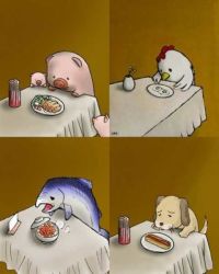 Rule 34 | animal, bird, chicken, dog, egg, fish, food, hot dog, pig, plate, sad, table