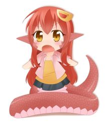 Rule 34 | 10s, 1girl, aged down, bad id, bad pixiv id, beatsync, chibi, fang, hair ornament, hairclip, lamia, long hair, miia (monster musume), monster girl, monster musume no iru nichijou, open mouth, pointy ears, red hair, scales, shirt, simple background, skirt, solo, white background, yellow eyes