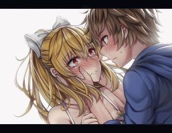Rule 34 | 1boy, 1girl, blonde hair, blue hoodie, blush, bow, brown eyes, brown hair, collarbone, couple, dress, eye contact, frown, full-face blush, gran (granblue fantasy), granblue fantasy, hair between eyes, hair bow, hand on another&#039;s cheek, hand on another&#039;s face, hetero, hood, hood down, hoodie, letterboxed, long hair, looking at another, ponytail, red eyes, sanmoto gorouzaemon, spaghetti strap, sweatdrop, upper body, vira (granblue fantasy), white background, white bow, white dress