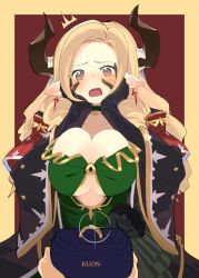 Rule 34 | 1girl, black gloves, blonde hair, blush, breasts, brown eyes, draph, dress, drill hair, earrings, gloves, granblue fantasy, hands on own face, horns, jewelry, large breasts, maria theresa (granblue fantasy), naoya come, ornate ring, pointy ears, ring, ring box, solo, wedding ring, wide sleeves