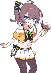 Rule 34 | 1girl, ahoge, black pantyhose, blue eyes, breasts, brown hair, camisole, crop top, cross (vgne4542), food, halterneck, highres, holding, holding food, holding ice cream, holding ice cream cone, hololive, ice cream, ice cream cone, looking at viewer, natsuiro matsuri, natsuiro matsuri (1st costume), navel, pantyhose, ponytail, side ponytail, skirt, small breasts, smile, solo, tongue, tongue out, virtual youtuber, white skirt, yellow camisole