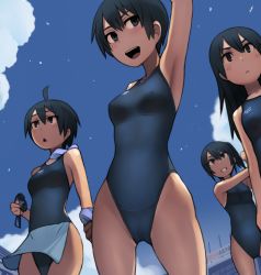 Rule 34 | 4girls, ahoge, armpits, black eyes, black hair, black one-piece swimsuit, blue sky, breasts, building, cloud, commentary request, competition swimsuit, cowboy shot, day, from below, gluteal fold, goggles, hair between eyes, highleg, highleg swimsuit, holding, holding goggles, kuronami (lvi), long hair, looking at viewer, lvi, matching outfits, mizuno (brand), multiple girls, one-piece swimsuit, one-piece tan, open mouth, original, outdoors, short hair, side ponytail, sky, small breasts, stretching, swim cap, swim goggles, swimsuit, tan, tanline, teeth, triangular headpiece, unworn goggles, unworn swim cap, upper teeth only