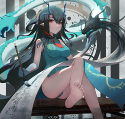 Rule 34 | 1girl, absurdres, aqua dress, arknights, bare legs, bare shoulders, barefoot, black hair, breasts, calligraphy brush, crossed legs, dress, dusk (arknights), dusk (everything is a miracle) (arknights), elysion (16869144), feet, foot out of frame, hair between eyes, highres, holding, holding brush, horns, large breasts, long hair, looking at viewer, official alternate costume, paintbrush, partially visible vulva, pointy ears, red eyes, sitting, solo, tail, thighs, very long hair