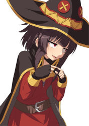 Rule 34 | 1girl, belt, belt buckle, black cape, black gloves, blunt bangs, breasts, brown belt, brown hair, buckle, cape, commentary, dress, embarrassed, fingerless gloves, fingers together, gloves, hat, kono subarashii sekai ni shukufuku wo!, looking away, megumin, open mouth, red dress, red eyes, sanpaku, short hair, short hair with long locks, sidelocks, simple background, small breasts, smile, solo, sweatdrop, umarutsufuri, upper body, white background, witch hat
