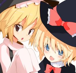 Rule 34 | 2girls, black capelet, black eyes, black headwear, blonde hair, blouse, blue eyes, blush, bow, capelet, commentary request, cookie (touhou), frilled bow, frills, hair between eyes, hat, hat bow, kirisame marisa, looking at viewer, meguru (cookie), miyako (naotsugu), multiple girls, open mouth, red bow, shirt, short hair, simple background, sleeves past wrists, touhou, upper body, white background, white shirt, yuuhi (cookie)