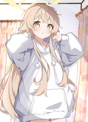 Rule 34 | 1girl, absurdres, blue archive, commentary request, hair flaps, halo, hands up, hifumi (blue archive), highres, hood, hood down, hoodie, indoors, light brown hair, long hair, long sleeves, looking at viewer, parted lips, puffy long sleeves, puffy sleeves, solo, white hoodie, yellow eyes, yellow halo, yoi0341