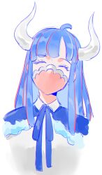 Rule 34 | 1girl, ^ ^, ahoge, blue cape, blue hair, blunt bangs, cape, close-up, closed eyes, commentary, english commentary, horns, mask, mouth mask, multicolored hair, neck ribbon, one piece, pink hair, raine (acke2445), ribbon, simple background, solo, streaked hair, ulti (one piece), white background