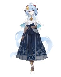 Rule 34 | 1girl, absurdres, ahoge, alternate costume, blue hair, blue skirt, cloak, commentary, english commentary, flower, full body, ganyu (genshin impact), genshin impact, goat horns, hair flower, hair ornament, highres, horns, light blue hair, long hair, long skirt, looking at viewer, pleated skirt, purple eyes, shirt, shoes, simple background, skirt, solo, standing, white background, white cloak, white footwear, white shirt, yztp (sanmery)