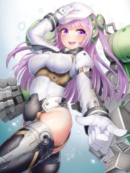 Rule 34 | &gt;:d, 1girl, beret, black thighhighs, blush, breasts, commentary request, covered navel, doyouwantto, frame arms girl, garter straps, gloves, greifen, hair ornament, hand on own head, hat, highres, large breasts, long hair, long sleeves, looking at viewer, mecha musume, purple eyes, purple hair, signature, solo, thighhighs, v-shaped eyebrows, white gloves