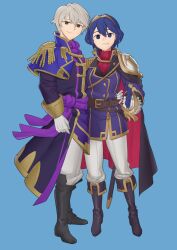 Rule 34 | 1boy, 1girl, alternate costume, armor, belt, belt buckle, black cape, black footwear, blue background, blue eyes, blue hair, boots, brown belt, brown eyes, buckle, cape, capelet, closed mouth, commentary, ebinku, english commentary, fire emblem, fire emblem awakening, fire emblem heroes, full body, gloves, grin, hair between eyes, hand on another&#039;s hip, highres, long sleeves, looking at viewer, lucina (fire emblem), nintendo, pants, pauldrons, purple capelet, red cape, robin (fire emblem), robin (male) (fire emblem), sheath, sheathed, short hair, shoulder armor, simple background, single pauldron, smile, sword, teeth, tiara, two-tone cape, weapon, white gloves, white hair, white pants