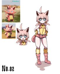 Rule 34 | 1girl, :3, animal ears, antenna hair, bell, belt, bikini, bikini over clothes, bikini top only, blue eyes, boots, breasts, bright pupils, cat ears, cat girl, cat tail, cattiva, chinese commentary, choker, closed mouth, covered navel, curled tail, d:, fang, fang out, fangs, furrowed brow, gloves, hands on own hips, highres, hip vent, jingle bell, kneehighs, koshou shou mitsu, leotard, leotard under clothes, neck bell, open mouth, palworld, personification, pink belt, pink bikini, pink choker, pink footwear, pink hair, pink shorts, pink tail, reference inset, short hair, short shorts, shorts, simple background, small breasts, socks, swimsuit, tail, twintails, v-shaped eyebrows, white background, white pupils, yellow gloves, yellow leotard, yellow socks