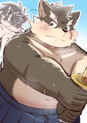 ... 2boys angry animal_ears bare_pectorals belly blue_background blue_pants blush brown_fur chest_fur commentary dog_boy dog_ears dog_nose dog_tail english_commentary facial_scar fat fat_man fighting_stance furry furry_male highres holding holding_sword holding_weapon hoshi_(art_hoshi) kendo long_hair looking_at_another looking_back male_focus moritaka_(housamo) multiple_boys multiple_scars notice_lines pants pectoral_cleavage pectorals scar scar_across_eyebrow scar_on_arm scar_on_cheek scar_on_face shino_(housamo) shy sword tail thick_eyebrows tokyo_houkago_summoners topless_male weapon