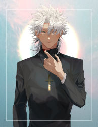Rule 34 | 1boy, absurdres, amakusa shirou (fate), blood, brown eyes, closed mouth, commentary request, cross, cross necklace, dark-skinned male, dark skin, earrings, fate/apocrypha, fate/grand order, fate (series), highres, injury, jewelry, light smile, long sleeves, looking at viewer, male focus, mutsu (621300), necklace, parted bangs, priest, short hair, smile, solo, spiked hair, upper body, white hair, yellow eyes