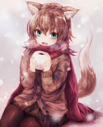 Rule 34 | 1girl, :3, :d, absurdres, animal ears, baozi, black pantyhose, blue eyes, blurry, breath, brown hair, buttons, cardigan, depth of field, eyebrows, fang, food, hair between eyes, highres, holding, holding food, long sleeves, looking at viewer, open mouth, original, pantyhose, pleated skirt, red scarf, scarf, short hair, sitting, skirt, smile, snowing, solo, steam, sukemyon, tail